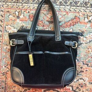 Chaps Black Corduroy Tote with Leather Details